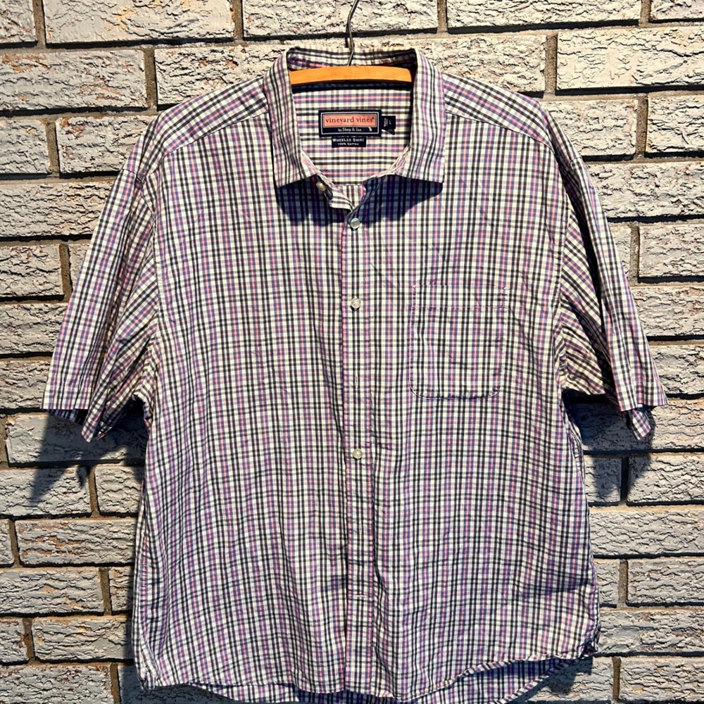 Vineyard Vines Mens Wheeler Shirt Large Blue Pink Plaid Short Sleeve Button Down